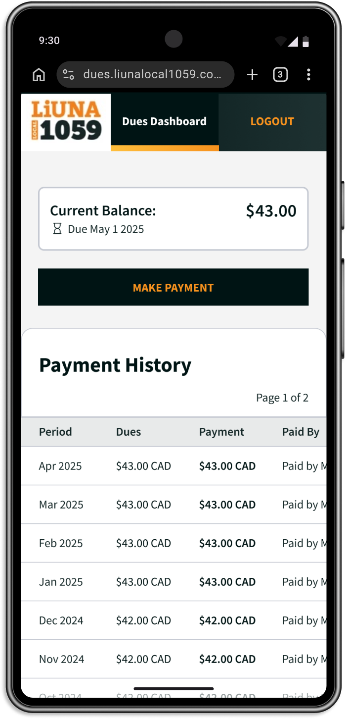 A mockup of concept 1. The column titles in view are: 'Period', 'Dues', 'Payment' and 'Paid By' but the table is cut off by the edge of the screen.